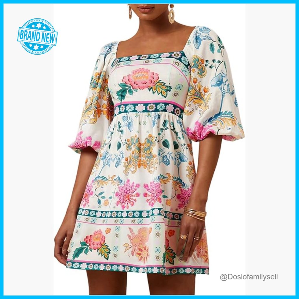 Floral Print Square Neck Puff Sleeve A-Line Boho Summer Dress Casual